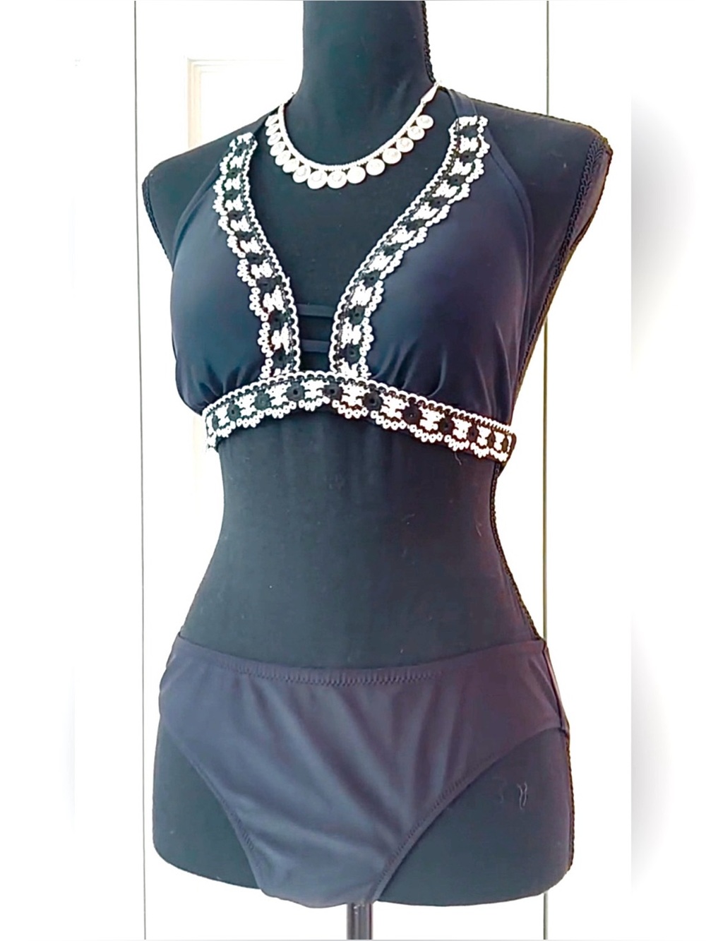 BIKINI ~ Black Two-Piece Bikini Set with White Floral Lace Embroidered Trim